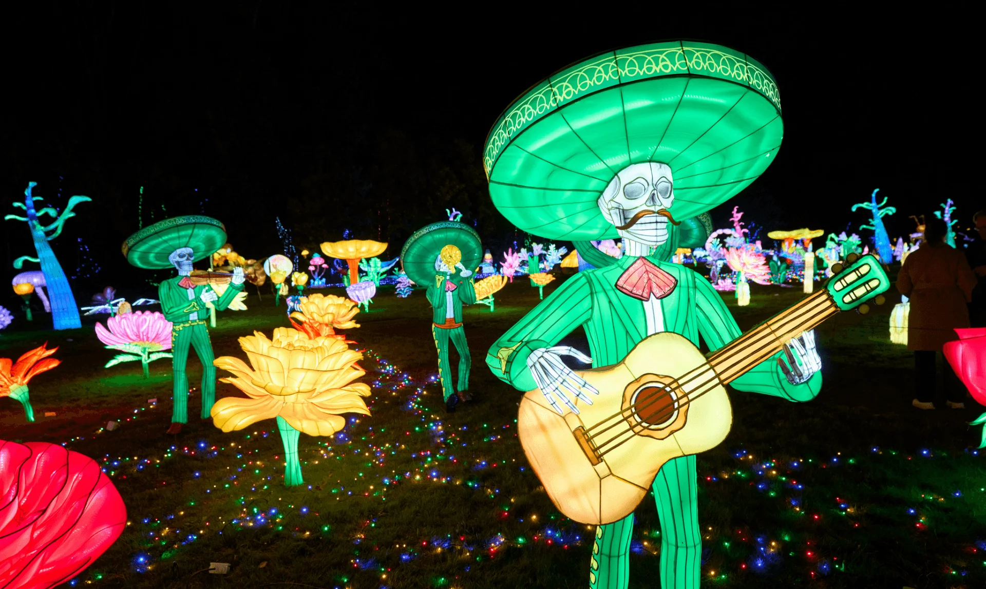 Esqueleto mariachi iluminado con sombrero y guitarra en Luces Salvajes